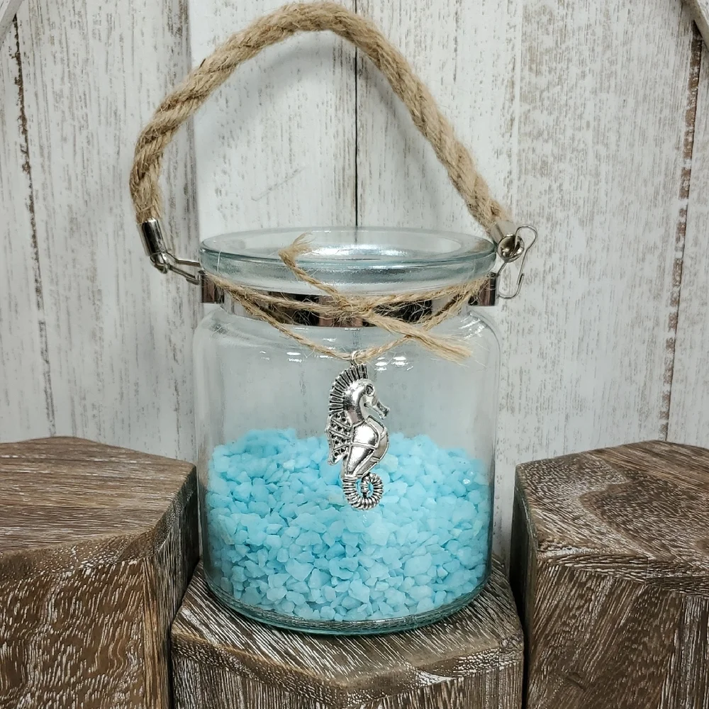 Silver Seahorse Charm Glass Jar Vase Twine Handle with Aqua Pebble Rocks